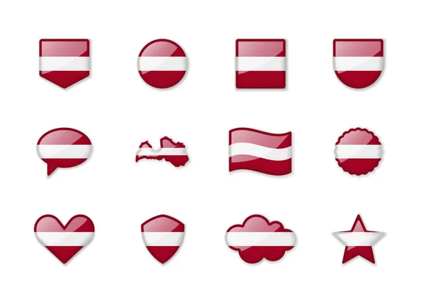 Letónia Conjunto Bandeiras Brilhantes Diferentes Formas Ilustração Vetorial —  Vetores de Stock