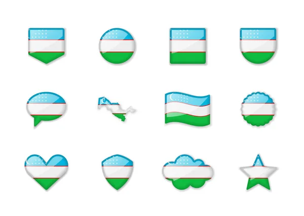 Uzbekistan Zestaw Błyszczących Flag Różnych Kształtach Ilustracja Wektora — Wektor stockowy