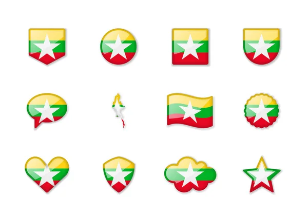 Мьянма Набор Блестящих Флагов Разной Формы Векторная Иллюстрация — стоковый вектор