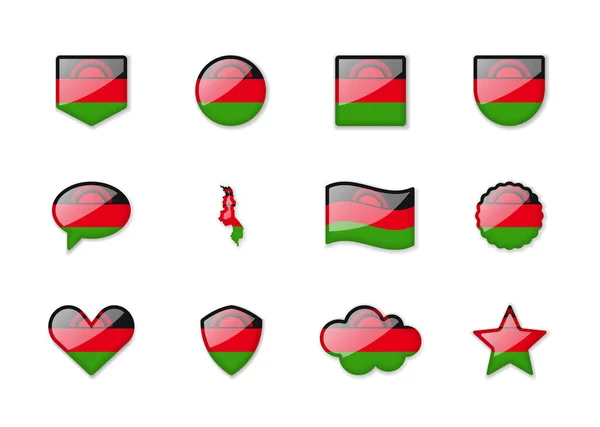 Malawi Conjunto Bandeiras Brilhantes Diferentes Formas Ilustração Vetorial — Vetor de Stock
