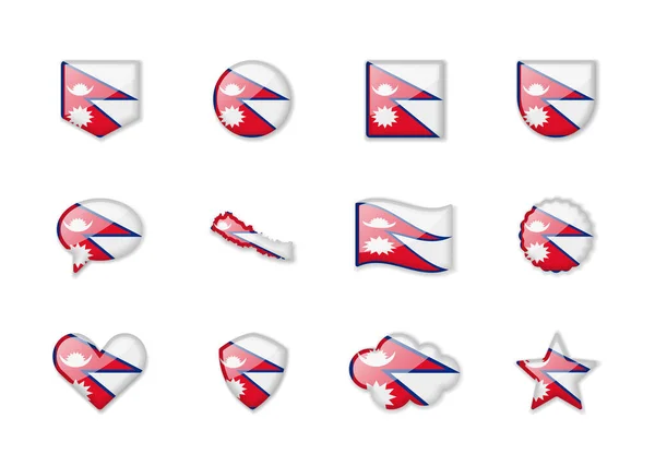 Nepal Conjunto Banderas Brillantes Diferentes Formas Ilustración Vectorial — Vector de stock