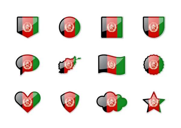 Afghanistan Set Shiny Flags Different Shapes Vector Illustration — Stock Vector