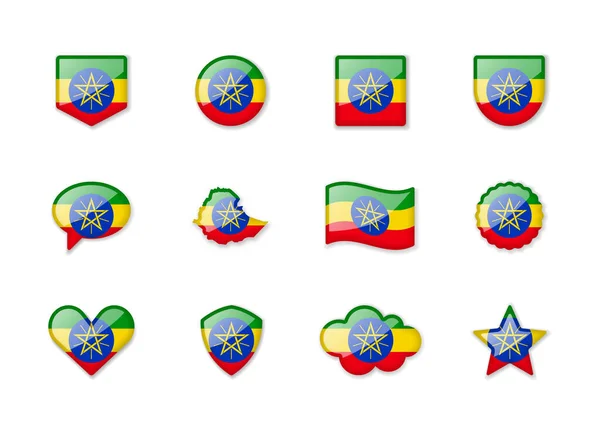 Ethiopia Set Shiny Flags Different Shapes Vector Illustration — Stock Vector