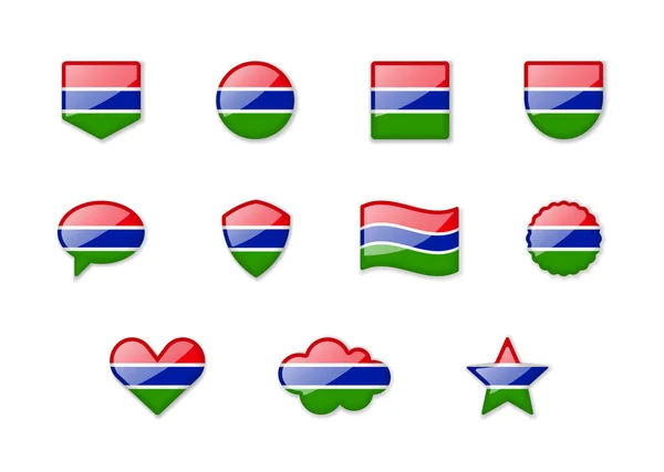 Gâmbia Conjunto Bandeiras Brilhantes Diferentes Formas Ilustração Vetorial —  Vetores de Stock