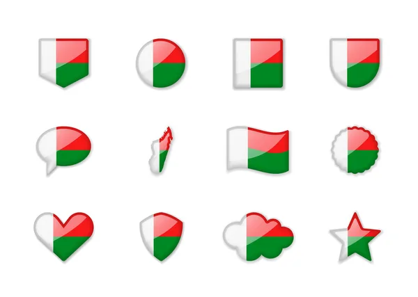 Madagaskar Zestaw Błyszczących Flag Różnych Kształtach Ilustracja Wektora — Wektor stockowy