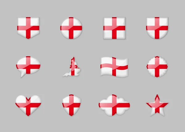 Inglaterra Conjunto Bandeiras Brilhantes Diferentes Formas Ilustração Vetorial — Vetor de Stock