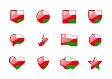 Umman, farklı şekillerde parlayan bayraklar. Vektör illüstrasyonu
