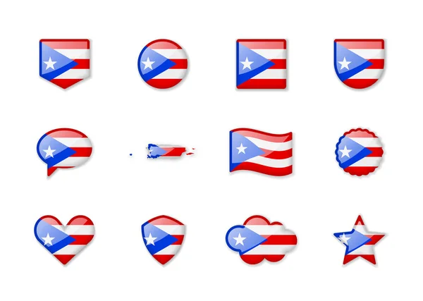 Puerto Rico Conjunto Banderas Brillantes Diferentes Formas Ilustración Vectorial — Archivo Imágenes Vectoriales