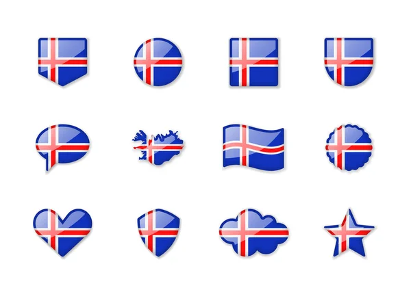 Islândia Conjunto Bandeiras Brilhantes Diferentes Formas Ilustração Vetorial — Vetor de Stock