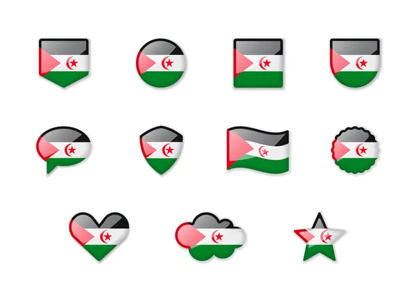 Westsahara Eine Reihe Glänzender Flaggen Verschiedenen Formen Vektorillustration — Stockvektor