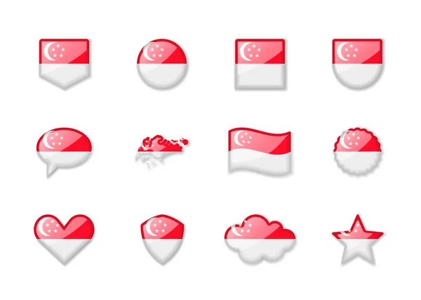 Singapura Conjunto Bandeiras Brilhantes Diferentes Formas Ilustração Vetorial — Vetor de Stock