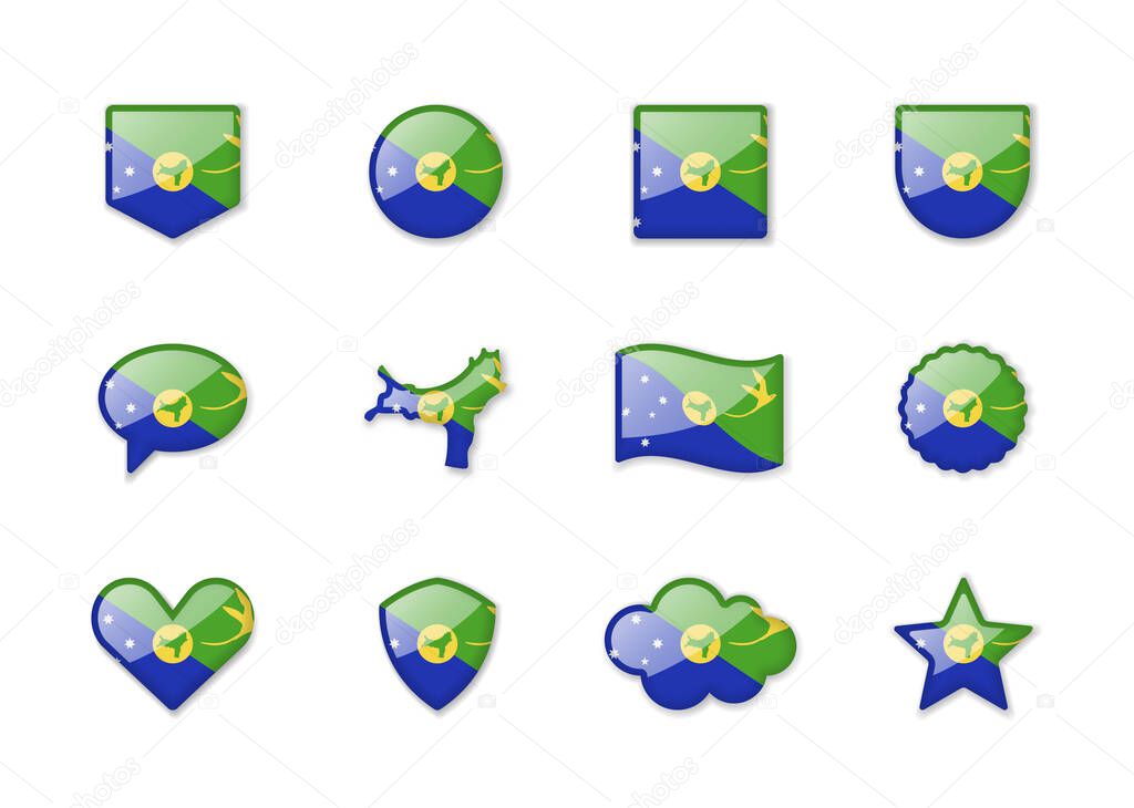 Christmas Island - set of shiny flags of different shapes. Vector illustration