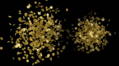 Siyah zemin üzerinde dolar işareti olan altın sikkelerin patlama anı 3D görüntüleme