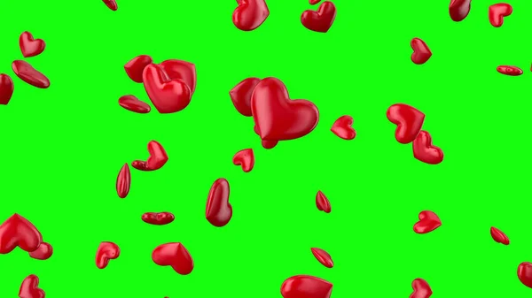 Coeurs Rouges Tombant Isolés Sur Fond Vert Décoration Pour Mariage — Photo