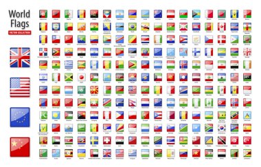 Dünyanın bayrakları - vektör kümesi kare, parlak simgeler. Tüm ülkelerin ve kıtaların bayrakları