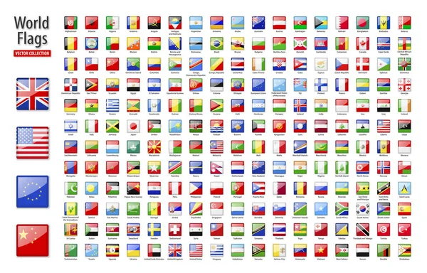 Флаги Мира Векторный Набор Квадратных Глянцевых Икон Флаги Стран Континентов — стоковый вектор
