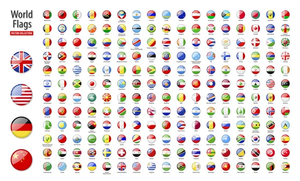 Флаги Мира Векторный Набор Круглых Глянцевых Икон Флаги Стран Континентов — стоковый вектор