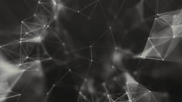 Ondes abstraites de points blancs et de lignes sur fond noir avec profondeur de champ. Contexte technologique. Structure de connexion réseau. Boucle 3D transparente.