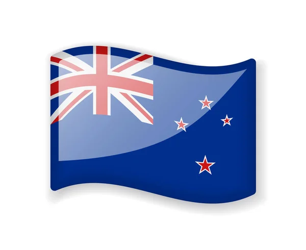 Nya Zeeland Flagga Vågig Flagga Ljusa Glänsande Ikon Isolerad Vit — Stock vektor