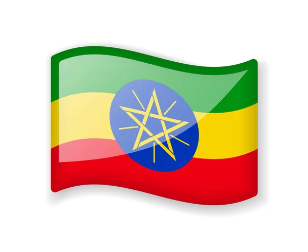 Etiopien Flagga Vågig Flagga Ljusa Glänsande Ikon Isolerad Vit Bakgrund — Stock vektor