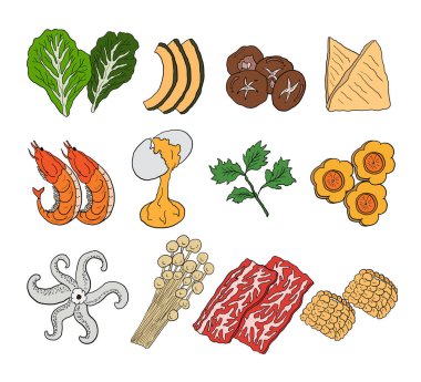 Restoran için Japon yemek seti menüsünün vektör çizimi. Shabu vektör seti menü defterine yazdırmak için Sukiyaki. Sıcak esrar tarzı için Çin yemeği..