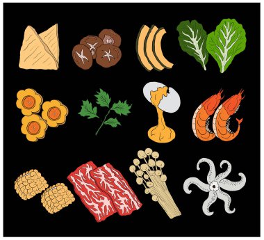 Restoran için Japon yemek seti menüsünün vektör çizimi. Shabu vektör seti menü defterine yazdırmak için Sukiyaki. Sıcak esrar tarzı için Çin yemeği..