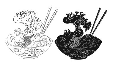 Geleneksel Japon eriştesi ve duvar kağıdı üzerine restoran baskısı için el sallama. Karalama sanatları için Ramen vektör çizimi..