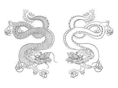 Japon kırmızı ejderha dövmesi. Çin Yeni Yılı için kırmızı zemin üzerinde ejderha. Altın Çin Ejderhası vektörü. Altın çizgili sanat kralı ejderhası dövmesi..