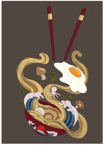 Traditional Japanese Ramen Wave Restaurant Printing Wallpaper Ramen Vector Illustration — стоковый вектор