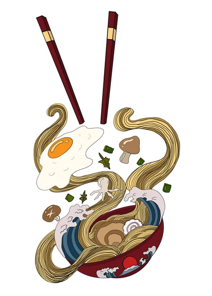 Traditional Japanese Ramen Wave Restaurant Printing Wallpaper Ramen Vector Illustration — Vettoriale Stock