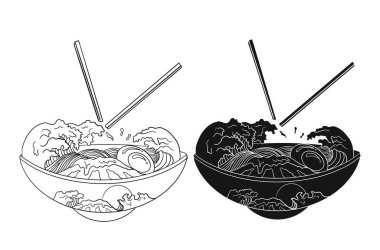 Geleneksel Japon eriştesi ve duvar kağıdı üzerine restoran baskısı için el sallama. Karalama sanatları için Ramen vektör çizimi..