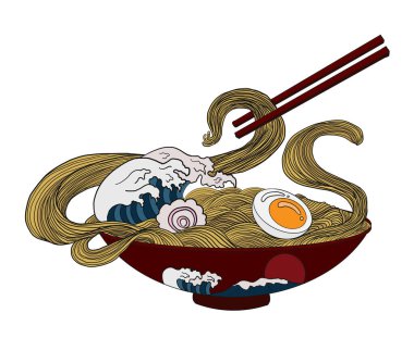 Geleneksel Japon eriştesi ve duvar kağıdı üzerine restoran baskısı için el sallama. Karalama sanatları için Ramen vektör çizimi..