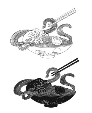 Geleneksel Japon eriştesi ve duvar kağıdı üzerine restoran baskısı için el sallama. Karalama sanatları için Ramen vektör çizimi..