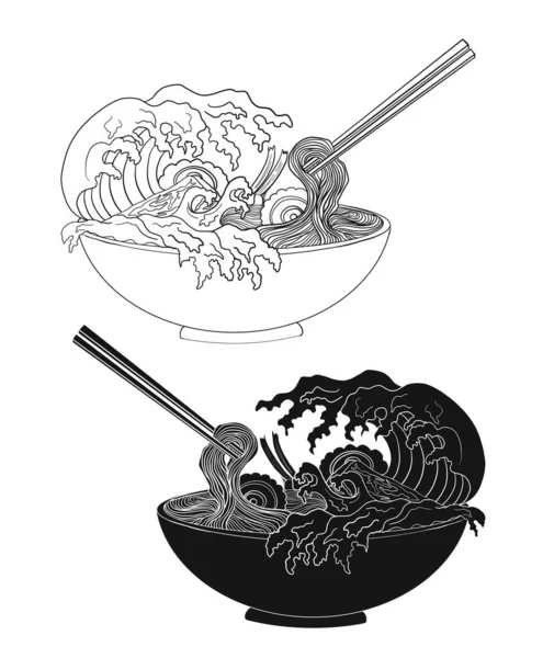 Geleneksel Japon eriştesi ve duvar kağıdı üzerine restoran baskısı için el sallama. Karalama sanatları için Ramen vektör çizimi..