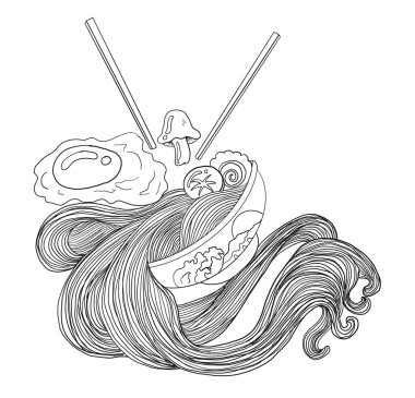 Geleneksel Japon eriştesi ve duvar kağıdı üzerine restoran baskısı için el sallama. Karalama sanatları için Ramen vektör çizimi..