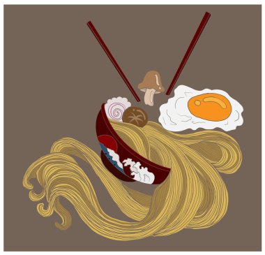 Geleneksel Japon eriştesi ve duvar kağıdı üzerine restoran baskısı için el sallama. Karalama sanatları için Ramen vektör çizimi..