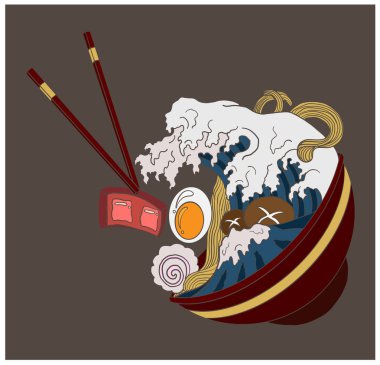 Geleneksel Japon eriştesi ve duvar kağıdı üzerine restoran baskısı için el sallama. Karalama sanatları için Ramen vektör çizimi..