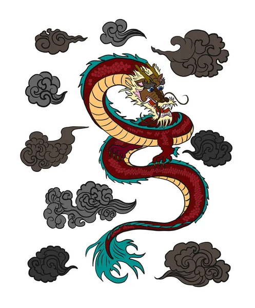Japanese Dragon Tattoo Isolated White Background Illustration Asia Dragon Printing — Stock Vector