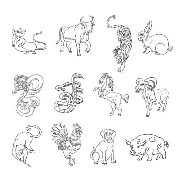 Set of Zodiac animals and calender.Buddhism in Japan and China.Chinese new year sign.Traditional Asian culture.