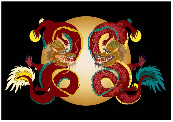 Japanese red dragon tattoo.Dragon on red background for Chinese New Year.Gold Chinese Dragon vector.Gold line art King Dragon tattoo.cartoon vector for t-shirt.
