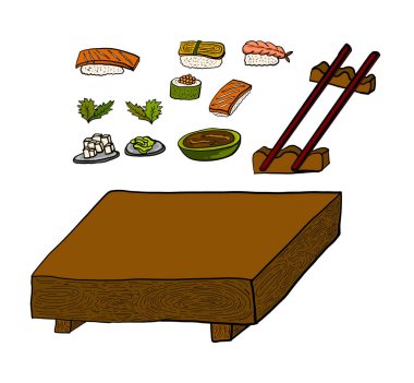 Japon yemekleri, Sushi arka planda yazdırmak için vektör illüstrasyonunu ayarla.