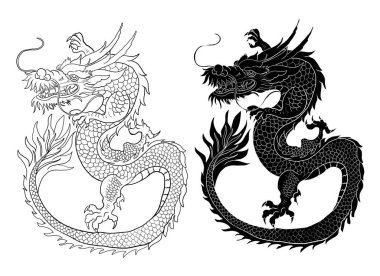 Japon kırmızı ejderha dövmesi. Çin Yeni Yılı için kırmızı zemin üzerinde ejderha. Altın Çin Ejderhası vektörü. Altın çizgili sanat kralı ejderhası dövmesi..