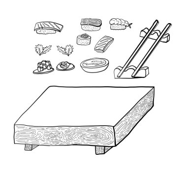 Japon yemekleri, Sushi arka planda yazdırmak için vektör illüstrasyonunu ayarla.