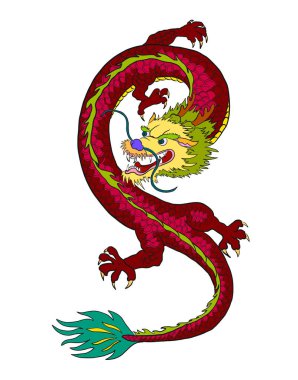 Japanese red dragon tattoo.Dragon on red background for Chinese New Year.Gold Chinese Dragon vector.Gold line art King Dragon tattoo.cartoon vector for t-shirt.