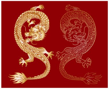 Japanese red dragon tattoo.Dragon on red background for Chinese New Year.Gold Chinese Dragon vector.Gold line art King Dragon tattoo.cartoon vector for t-shirt.