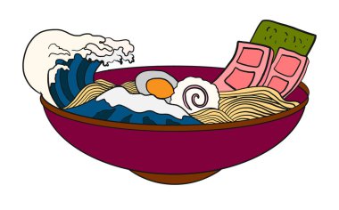 Geleneksel Japon eriştesi ve duvar kağıdı üzerine restoran baskısı için el sallama. Karalama sanatları için Ramen vektör çizimi..