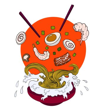 Beyaz izole edilmiş arka planda Ramen ve noodle vektörü. Restoran için Japon yemek menüsünün vektör çizimi. Shabu vektör seti. Menü defterine yazdırmak için Sukiyaki. Sıcak esrar tarzı için Çin yemeği..