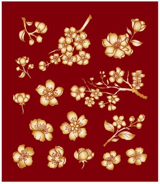 Beyaz üzerine kiraz ağacı dalı. Vektör illüstrasyonu Sakura Çiçeği, Güzel Şeftali Çiçeği izole vektörü. Japon çiçekleri..