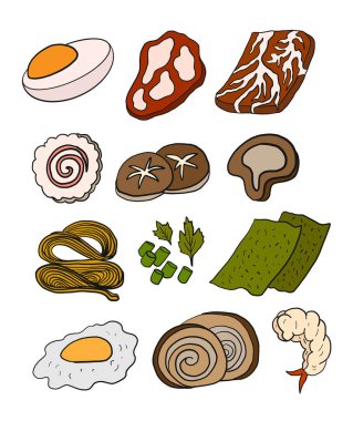 Beyaz izole edilmiş arka planda Ramen ve noodle vektörü. Restoran için Japon yemek menüsünün vektör çizimi. Shabu vektör seti. Menü defterine yazdırmak için Sukiyaki. Sıcak esrar tarzı için Çin yemeği..