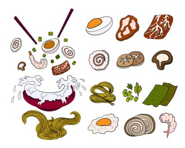 Beyaz izole edilmiş arka planda Ramen ve noodle vektörü. Restoran için Japon yemek menüsünün vektör çizimi. Shabu vektör seti. Menü defterine yazdırmak için Sukiyaki. Sıcak esrar tarzı için Çin yemeği..
